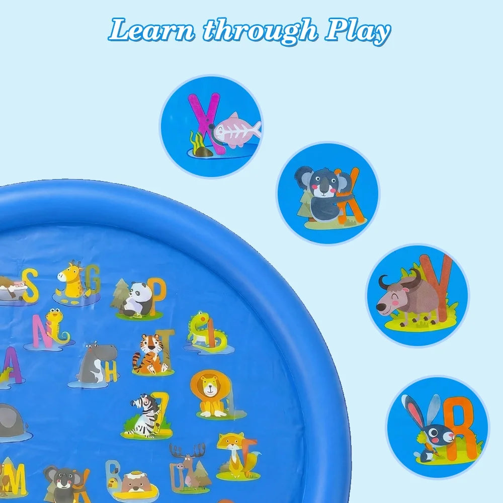 Non-Slip Splash Pad for Kids & Dog, 67'' Blue Water Play Mat for Outdoor Lawn Games, with Animals and Letters from a to Z