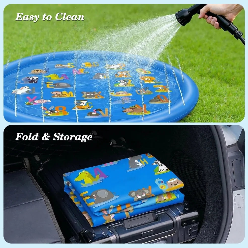 Non-Slip Splash Pad for Kids & Dog, 67'' Blue Water Play Mat for Outdoor Lawn Games, with Animals and Letters from a to Z