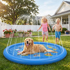 Non-Slip Splash Pad for Kids & Dog, 67'' Blue Water Play Mat for Outdoor Lawn Games, with Animals and Letters from a to Z